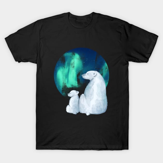 Northern Lights Aurora Borealis Cute Polar Bear Mama and  Cub T-Shirt by Little Duck Designs